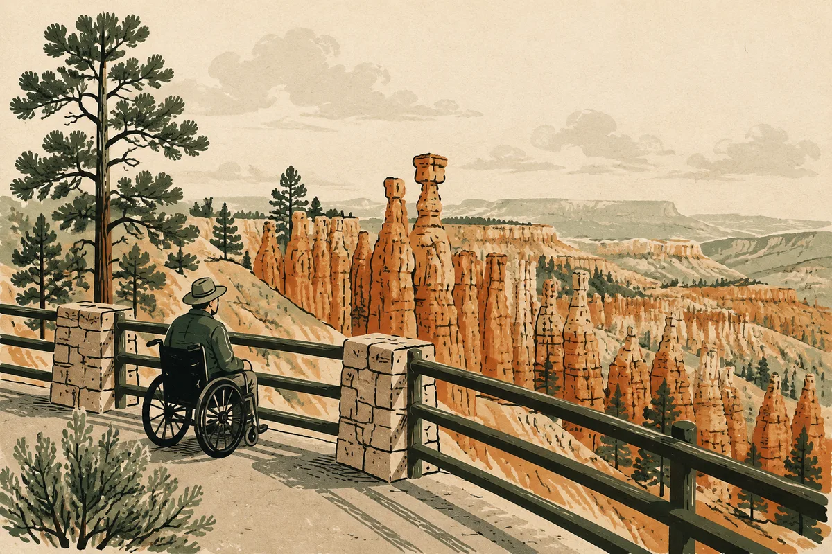 Illustrated orange hoodoos and pine trees at Bryce Canyon