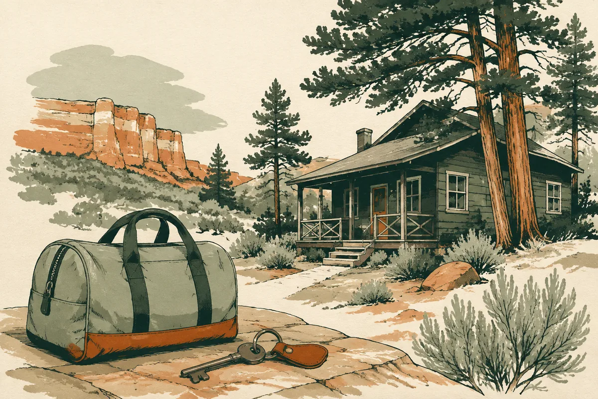 Illustrated cabins among mountain pines