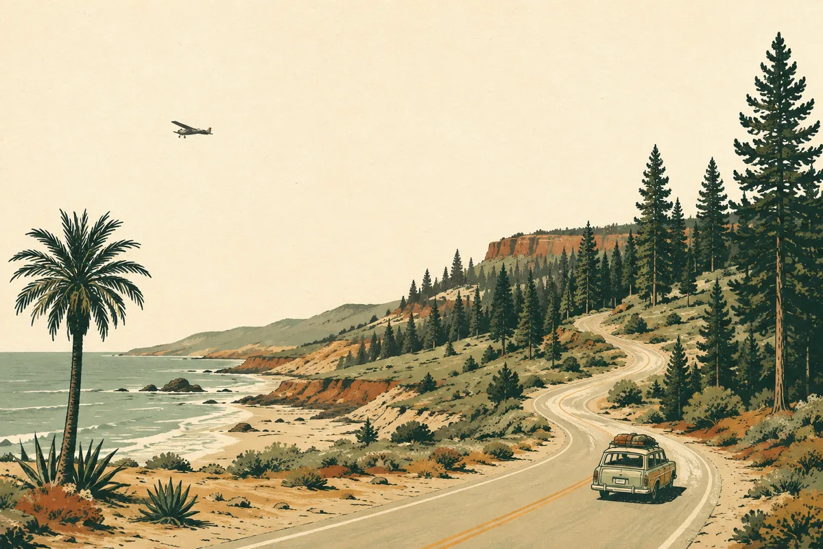 Vintage-style illustration of a California coastal road trip toward Southern Utah pines, with a car and small aircraft