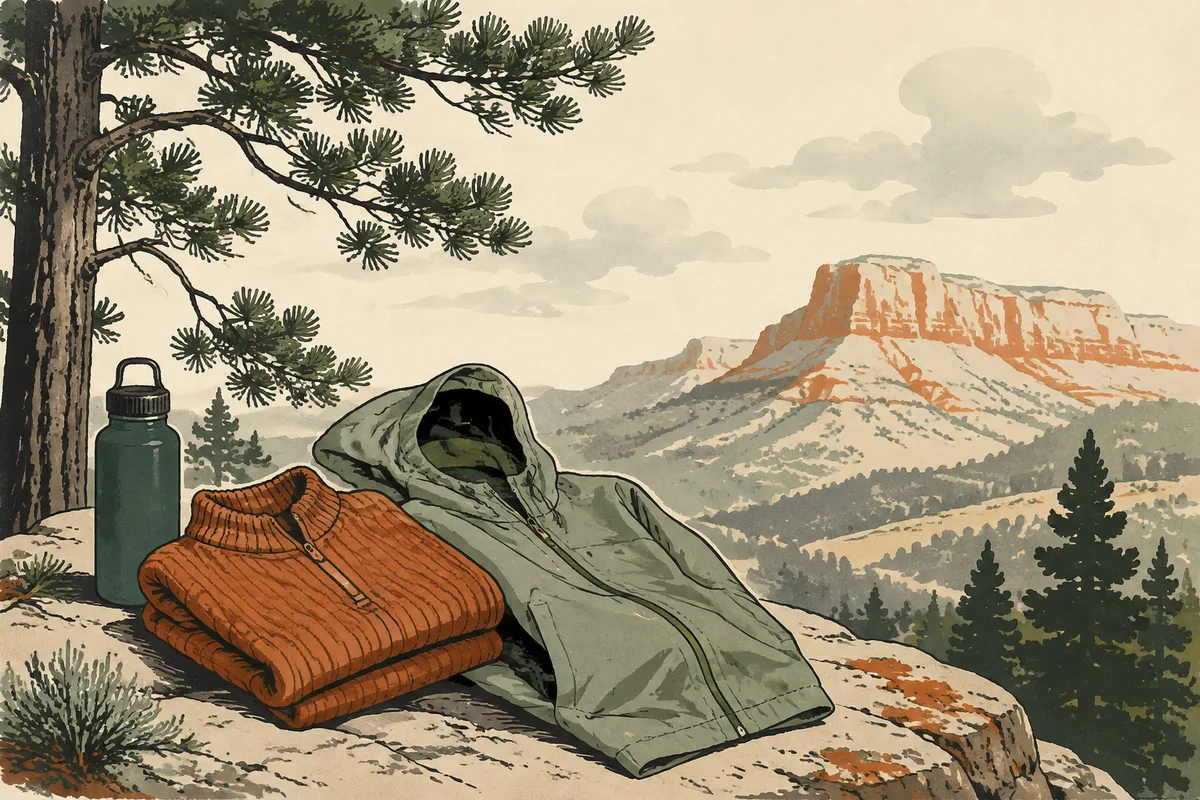 Illustration of a sweater, rain jacket and water bottle beneath pines