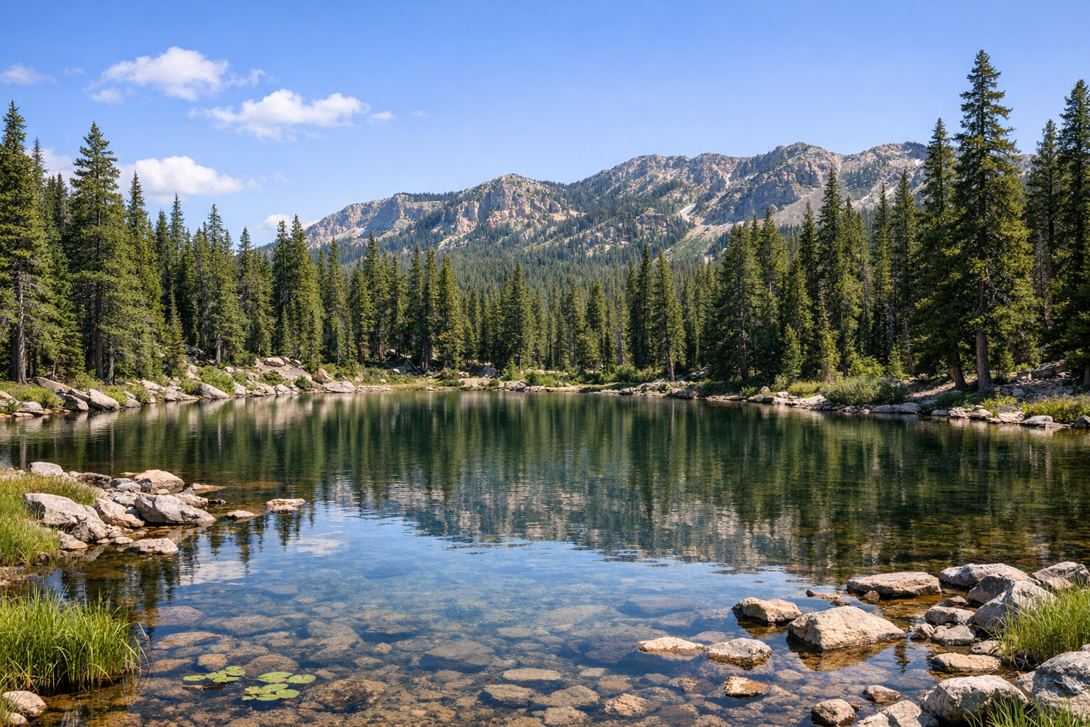 Kühler Kiefernwald und See bei Duck Creek für Reisen aus der Hitze von Las Vegas