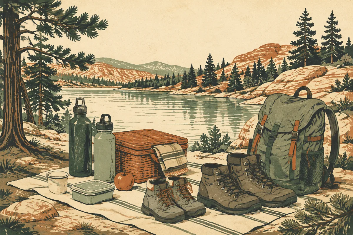 Illustration of picnic supplies, hiking boots and a backpack beside a lake