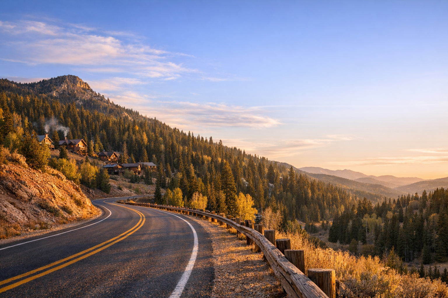 Bergstraße, die aus der Wüste hinauf in die Kiefern bei Duck Creek Village führt