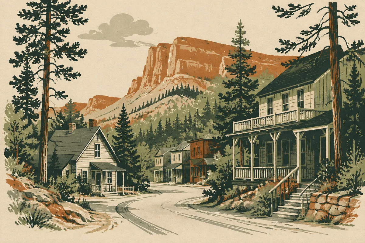 Editorial illustration of village buildings and pine forest near Duck Creek
