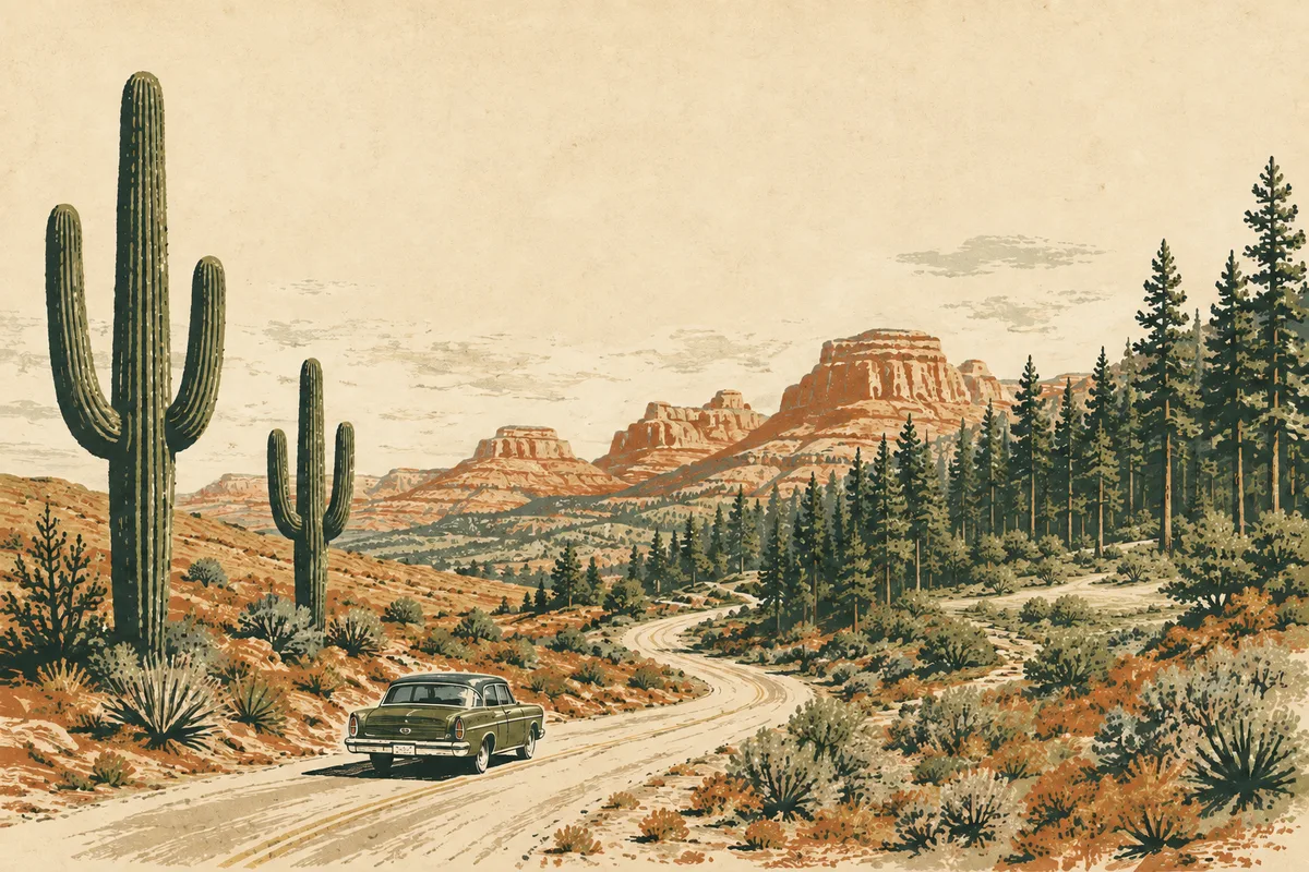 Travel illustration of an Arizona desert road winding north toward Southern Utah pine-covered mountains