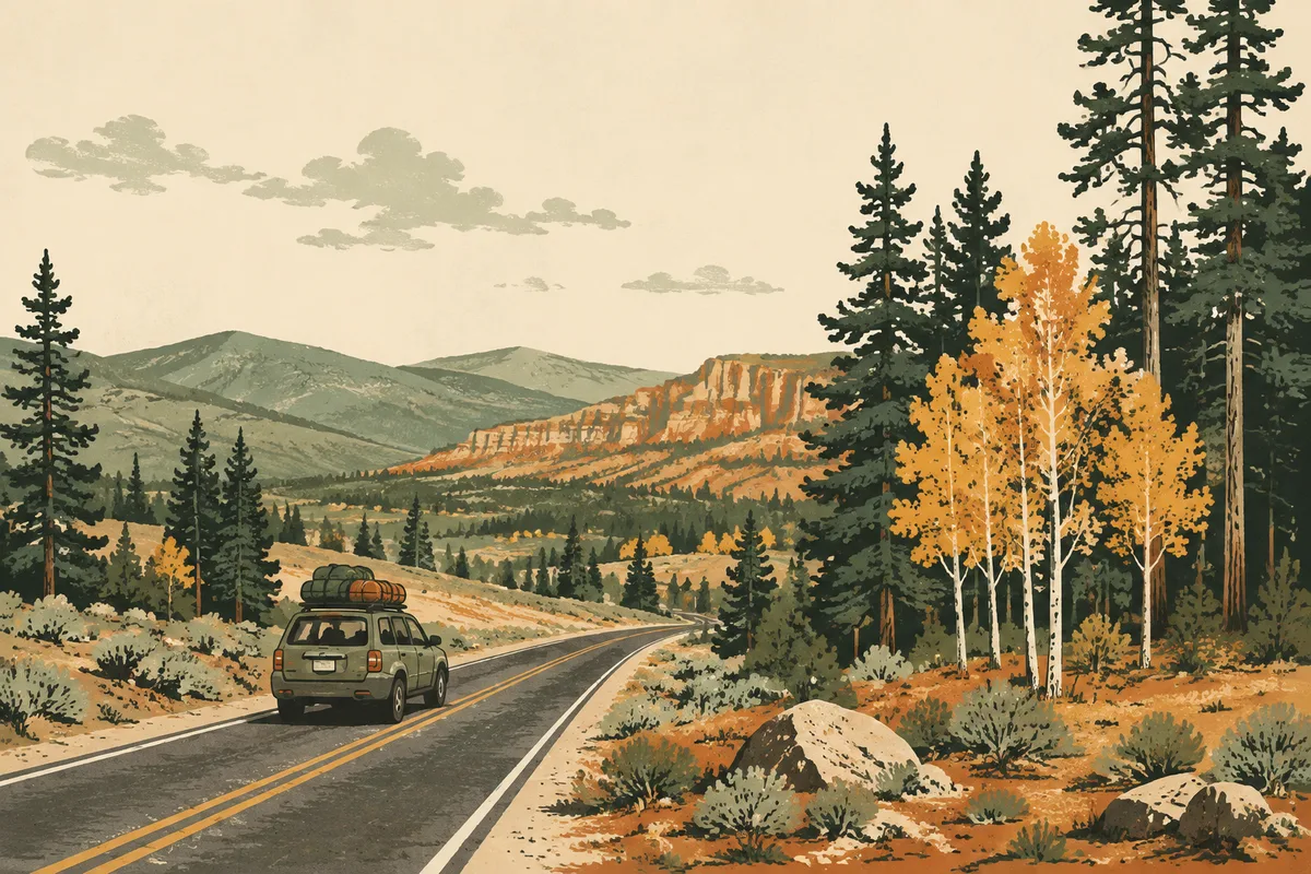 Ilustración de viaje con una carretera desde el valle de Salt Lake City hacia las montañas y los pinares del sur de Utah