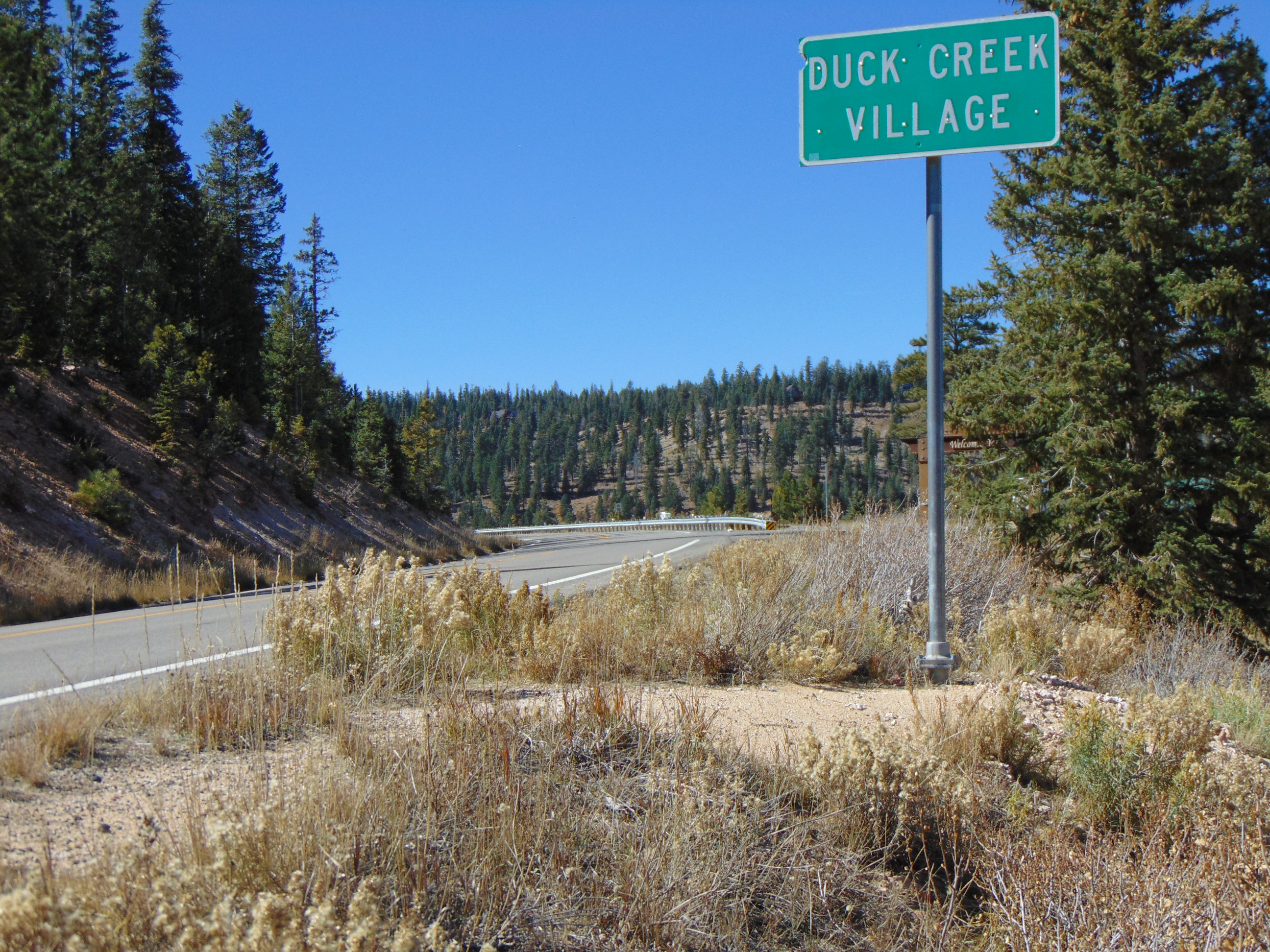 State Route 14 entering Duck Creek Village, Utah, through high-country forest