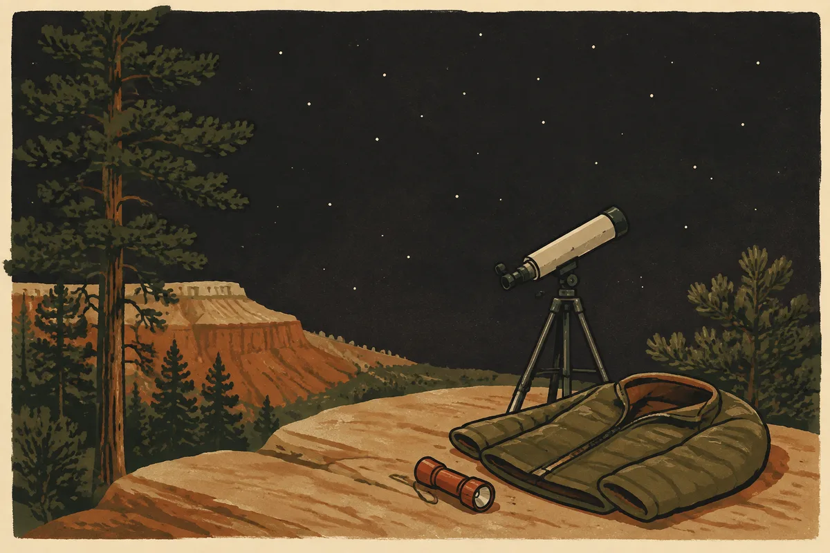 Illustration of a telescope, warm layers and a red flashlight beneath stars