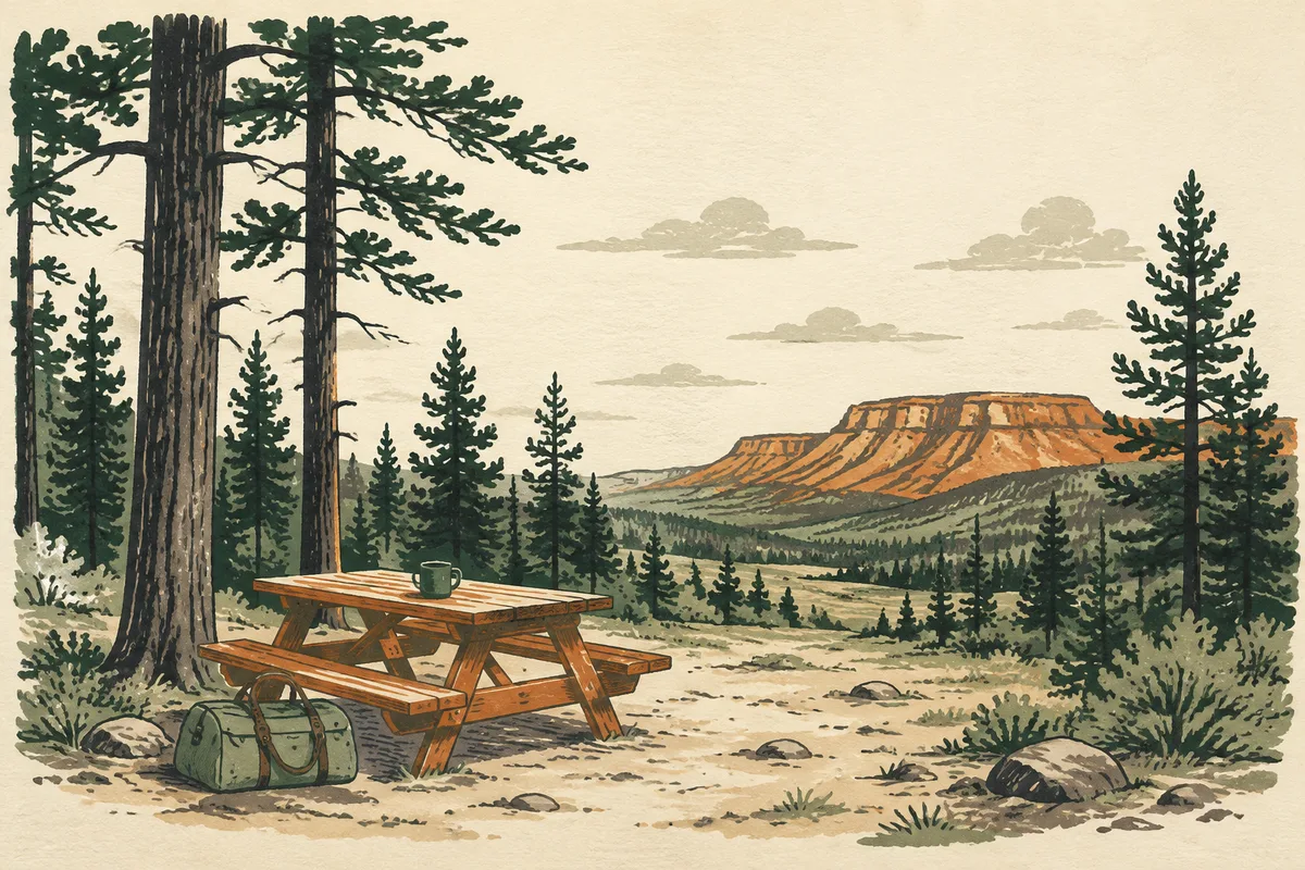 Illustration of a pine forest and meadow near Duck Creek Village