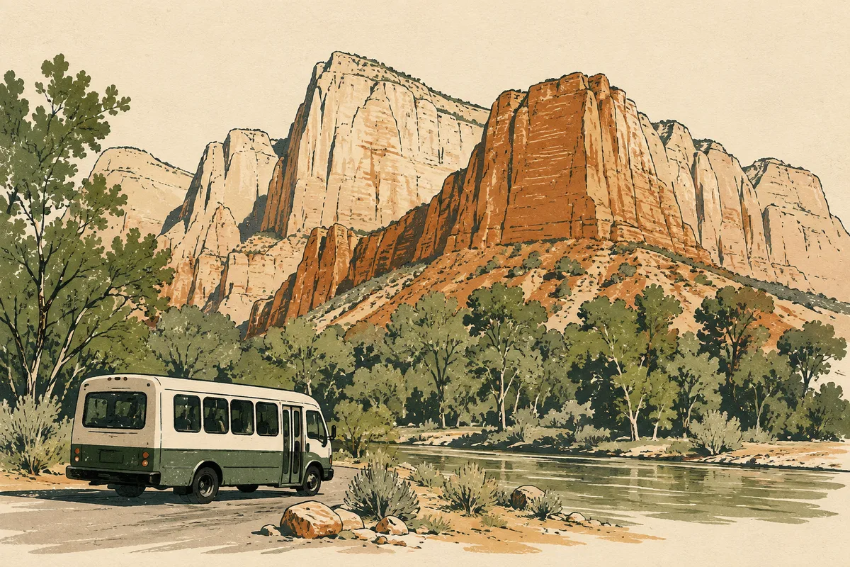 Illustrated red cliffs and green valley in Zion National Park