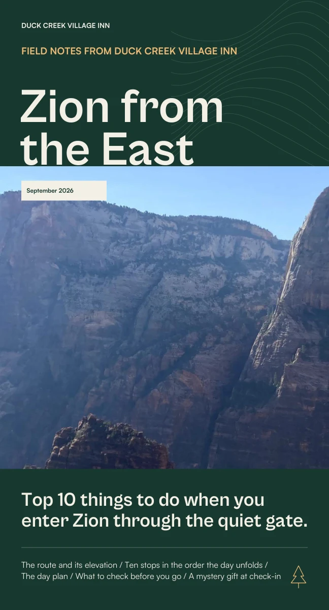 Cover of the Duck Creek Village Inn guide to Zion from the east entrance