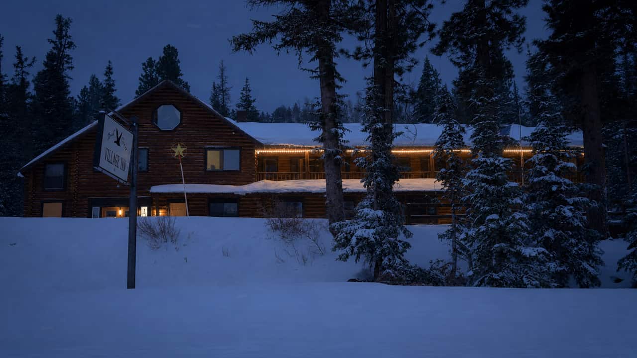 Duck Creek Village Inn at dusk with snow on the roof and ground and warm light in the windows