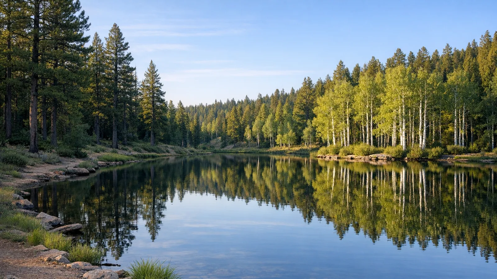 Rustig alpien meer bij Duck Creek Village met dennen en spiegelend water in zacht ochtendlicht