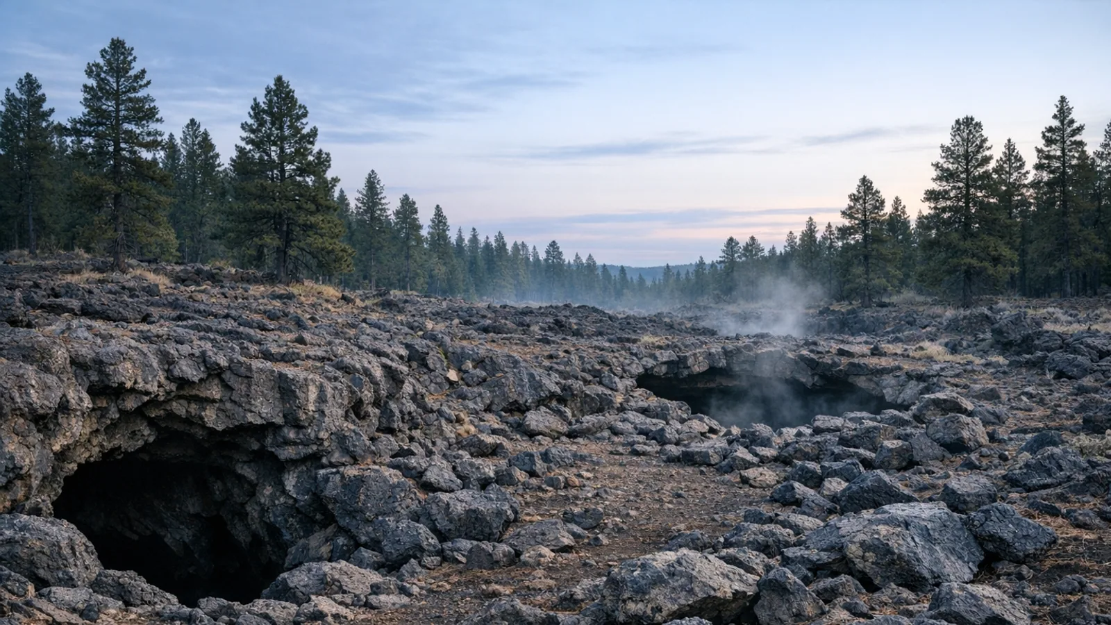 Terreno volc?nico arbolado cerca de Duck Creek Village con una sensaci?n de zona de cuevas, suelo de basalto y pinos de alta monta?a