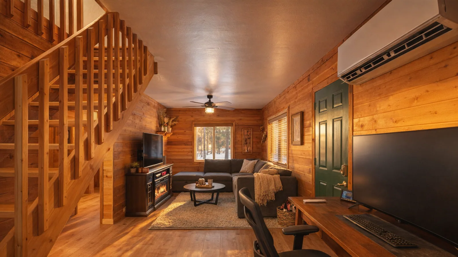 Intérieur chaleureux d'une cabane à Duck Creek avec détails en bois, lumière douce et ambiance éditoriale