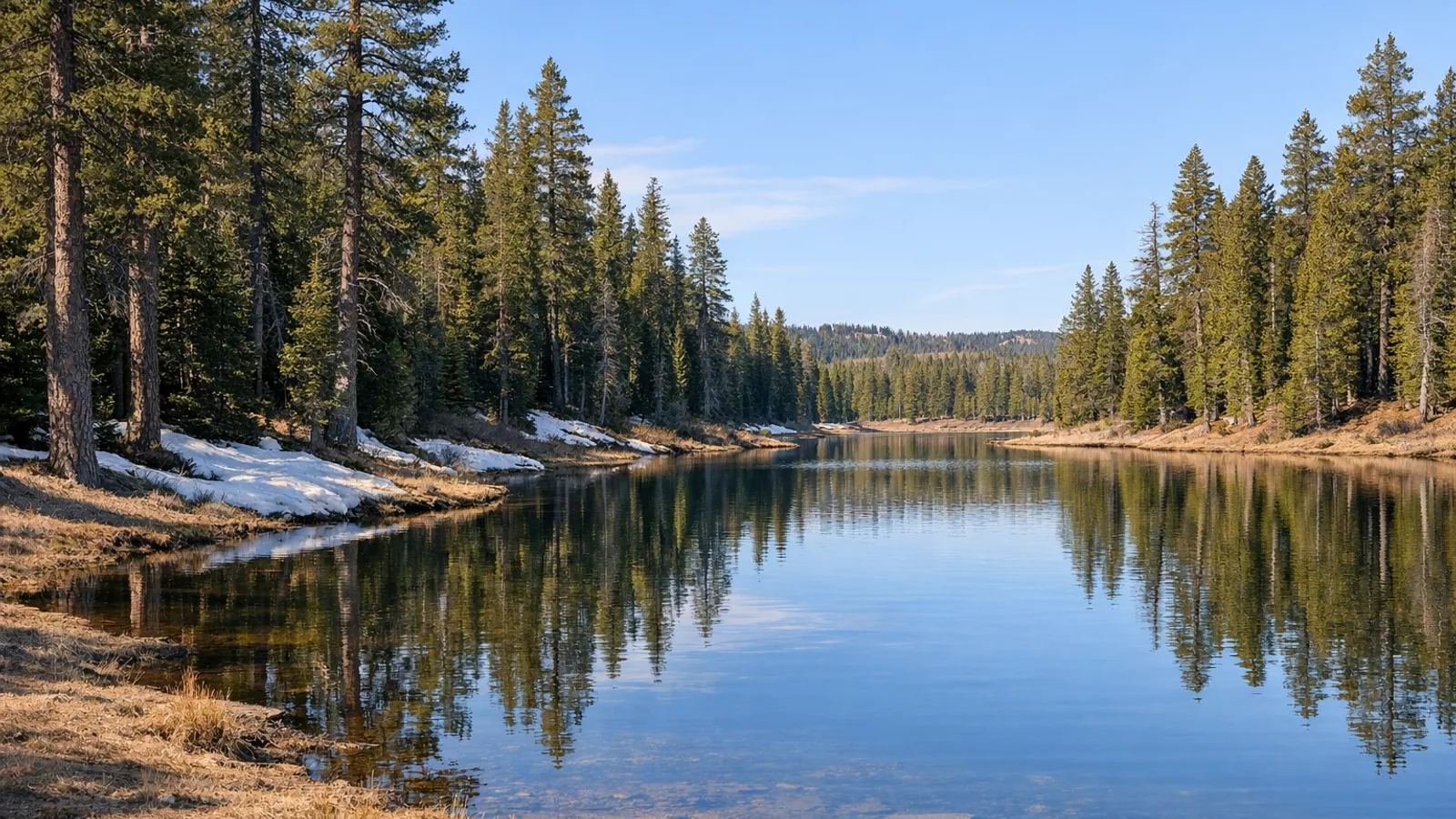 Early spring alpine pond near Duck Creek Village with pine trees, open water, and small snow patches in the shade