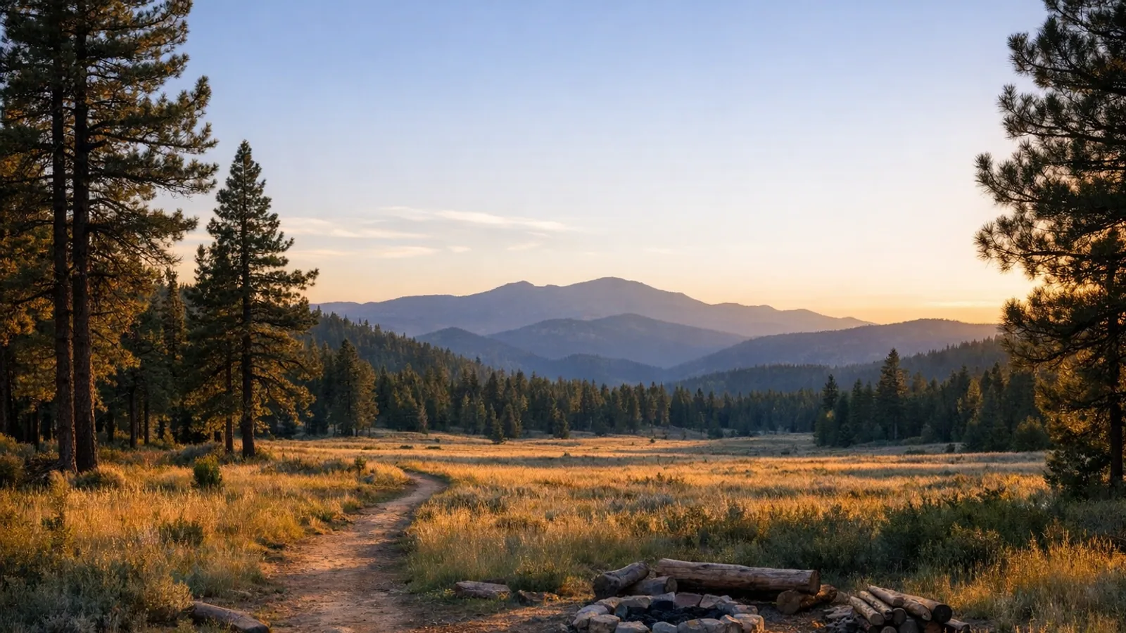 Von Pinien gerahmte Bergwiese bei Duck Creek mit Pfad, Feuerstelle und warmem Abendlicht