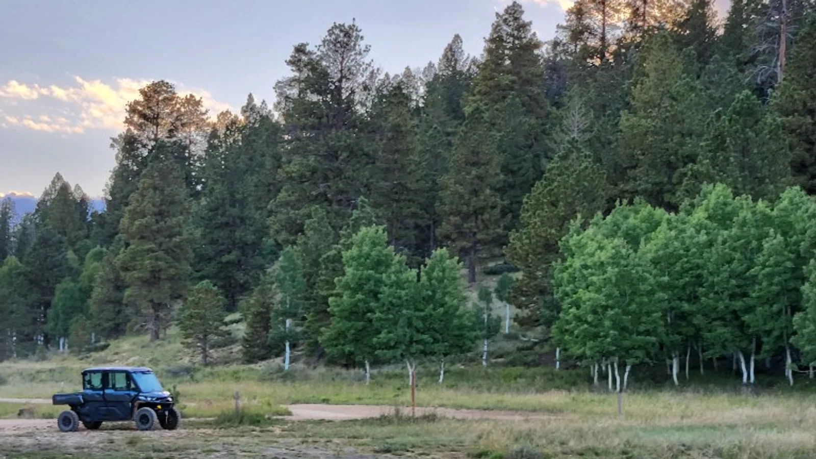 A side by side UTV parked at the edge of a meadow near Duck Creek Village, green aspens and tall pines behind it under a pastel evening sky