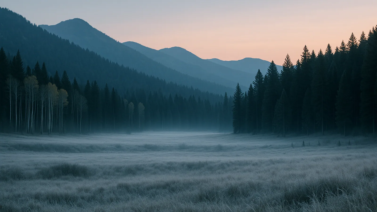 Eine hoch gelegene Bergwiese auf dem Cedar Mountain im grauen Morgengrauen, silbriger Nebel, der sich in den Senken sammelt, und blasse Espenstämme entlang der Baumgrenze
