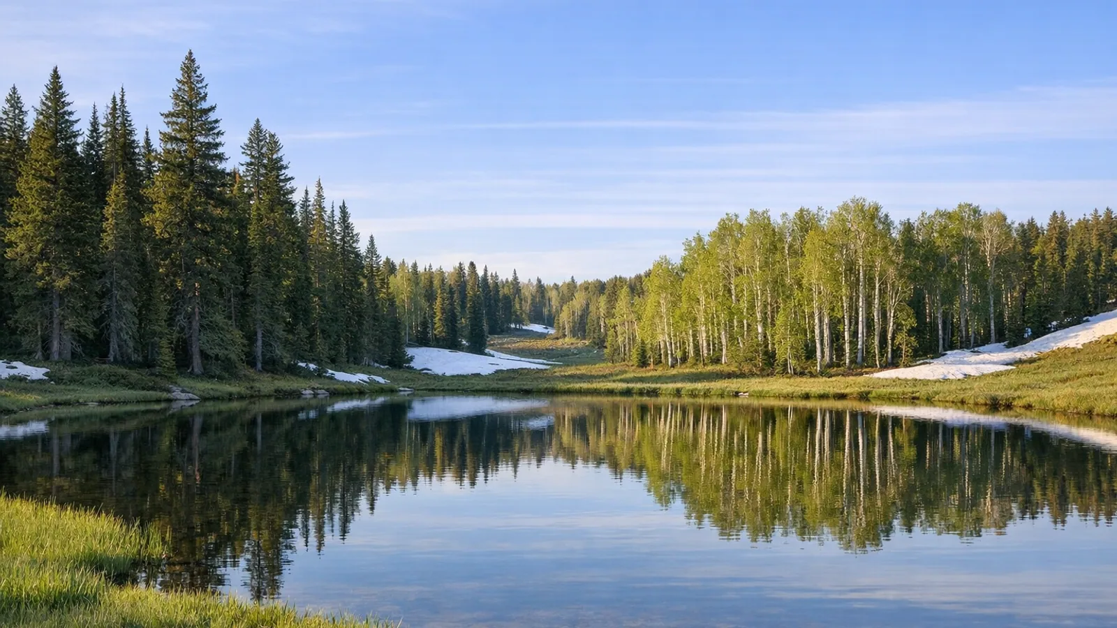 Late spring pond, pines, aspens, and lingering snow near Duck Creek Village.