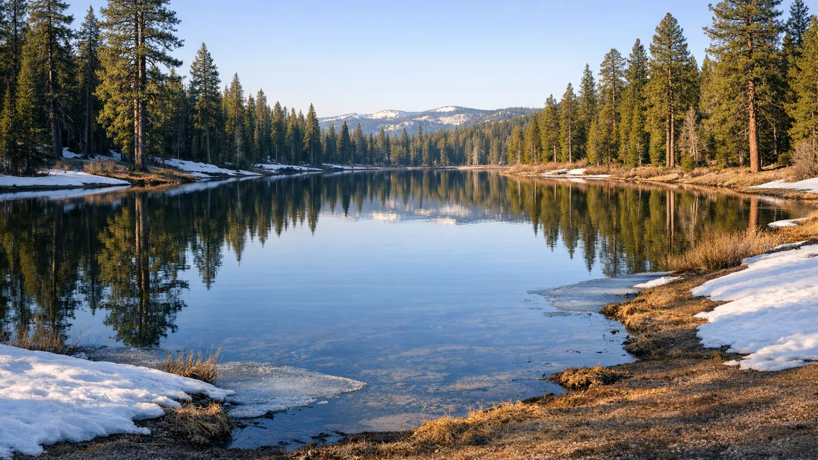 Spring pond near Duck Creek Village with pine trees, clear water, and small patches of snow