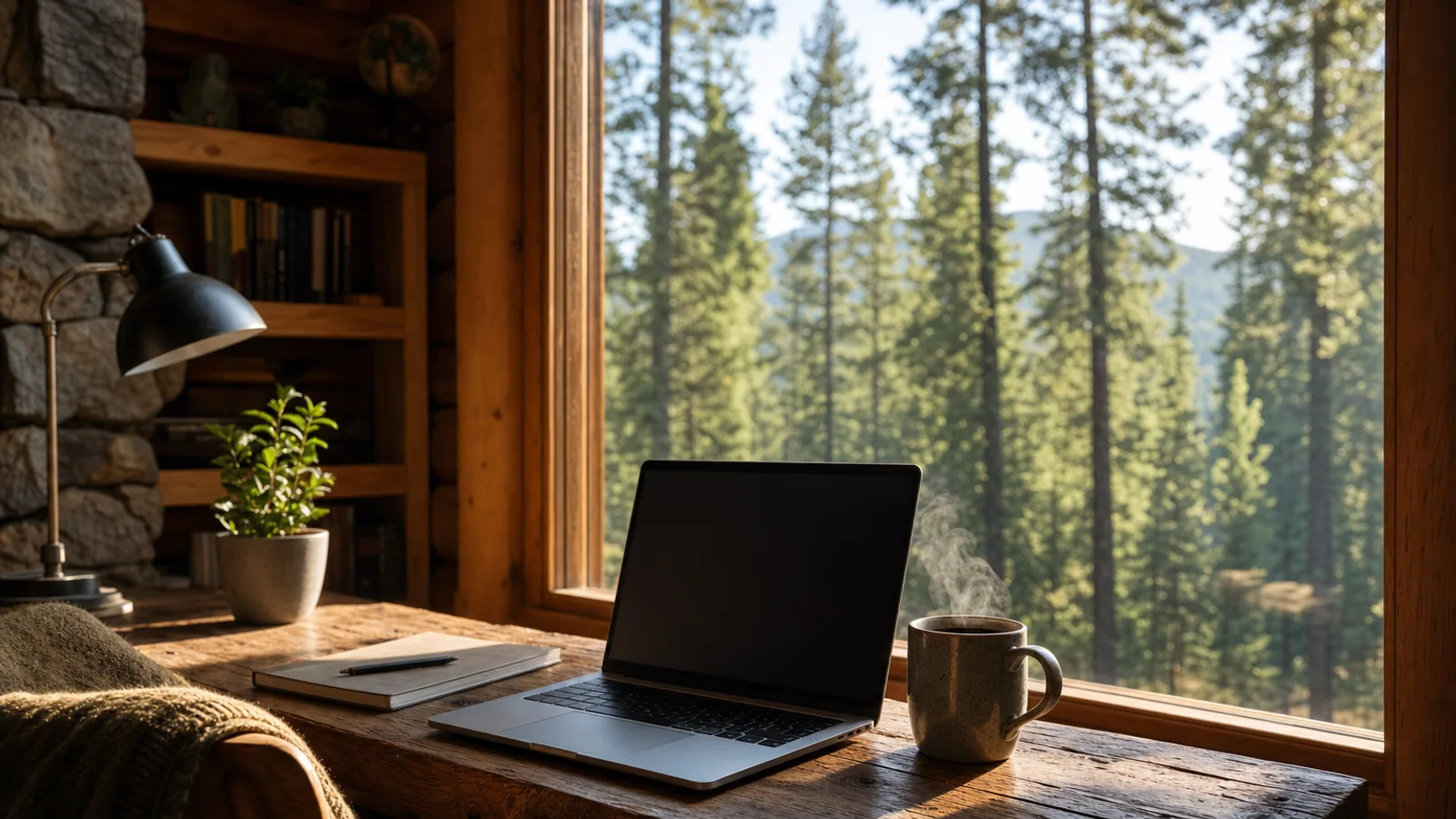 Een gezellig bureau in een cabin met een open laptop en een mok koffie bij een raam dat uitkijkt op dennenbos bij Duck Creek Village, Utah.