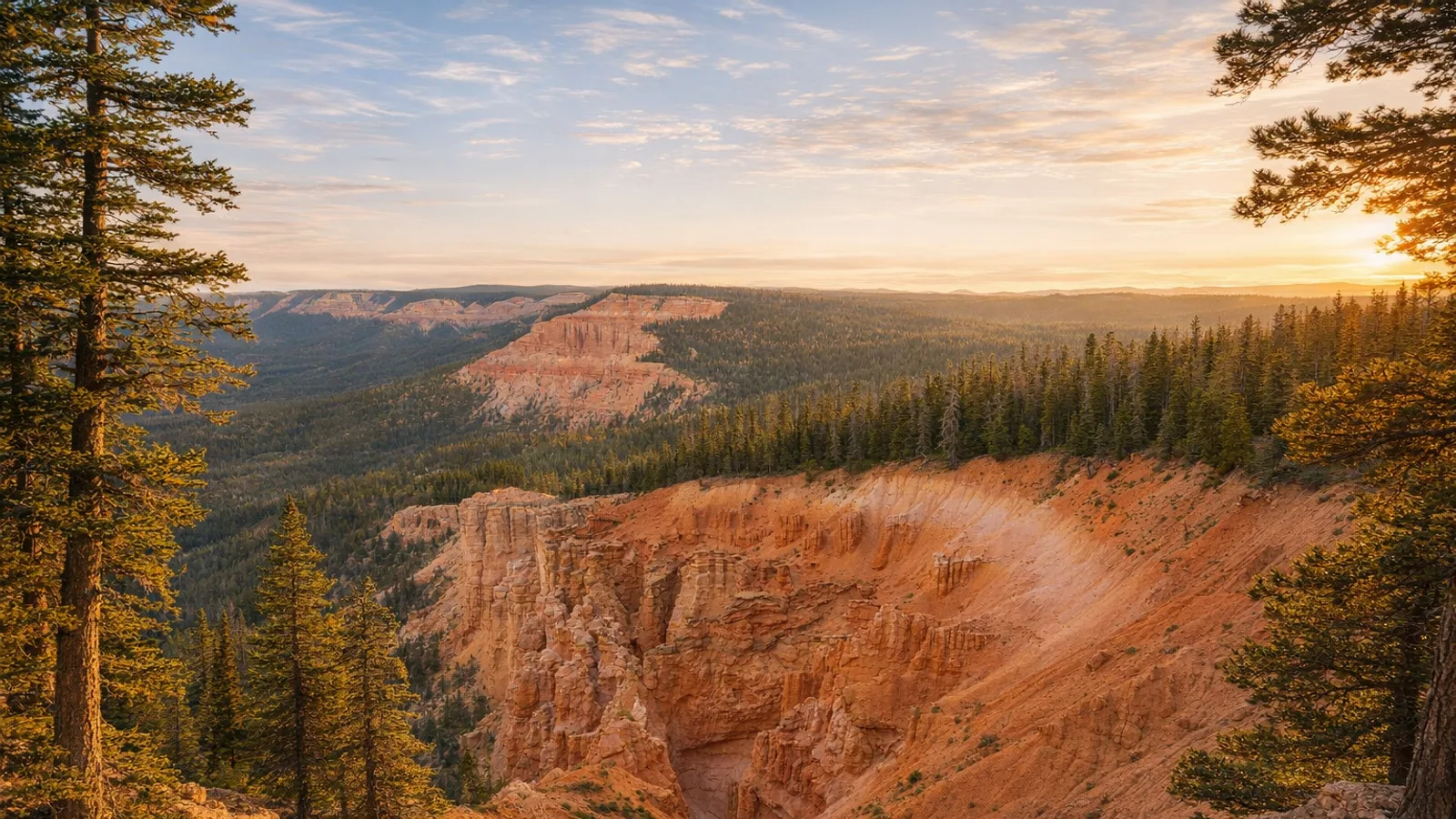 Duck Creek Village 附近的高山景观，松林、红色岩层和清澈的黄昏光线