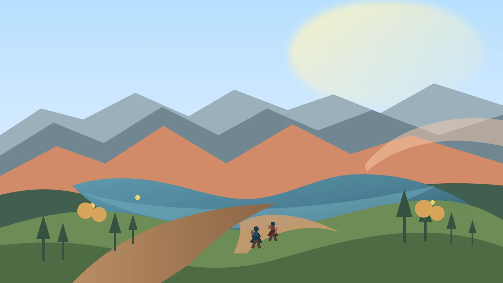 Illustrierter Blick auf Wanderer auf einem hohen Bergpfad nahe Duck Creek Village mit Pinien, Felsen und Alpenhimmel