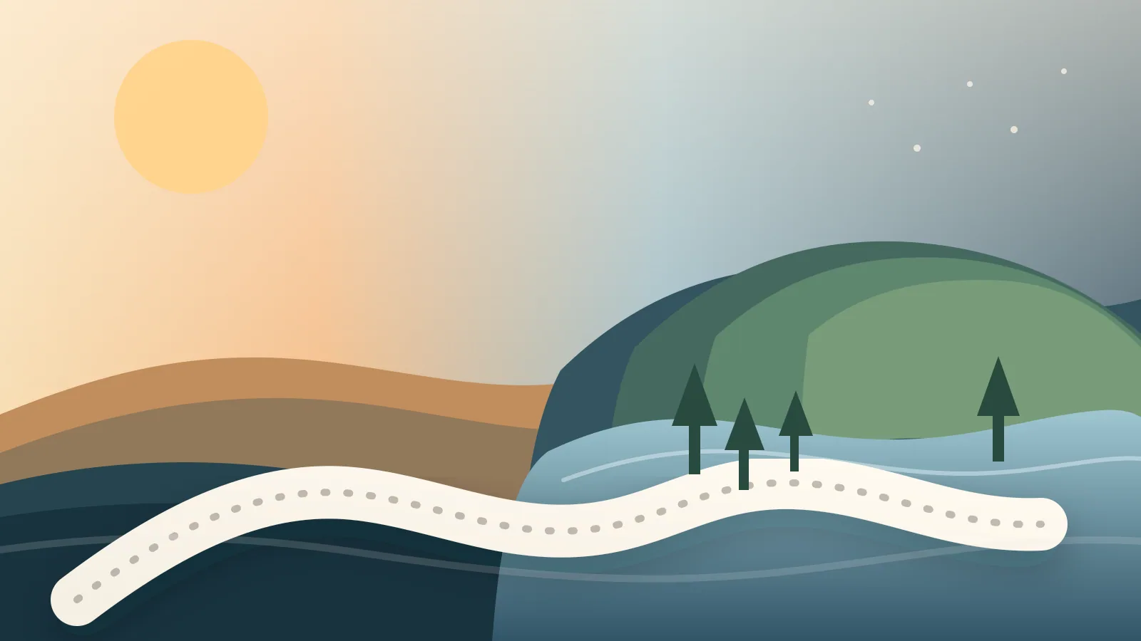 Scène illustrée au crépuscule avec des crêtes de pins, un lac de haute montagne et une route sinueuse montant vers Duck Creek