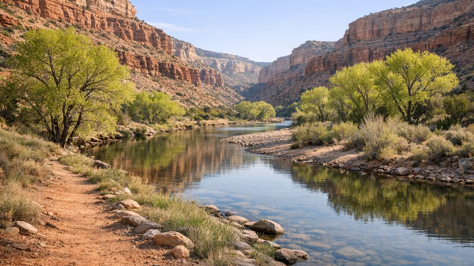 Spring desert canyon scene with cottonwoods, a quiet river bend, and soft red rock tones