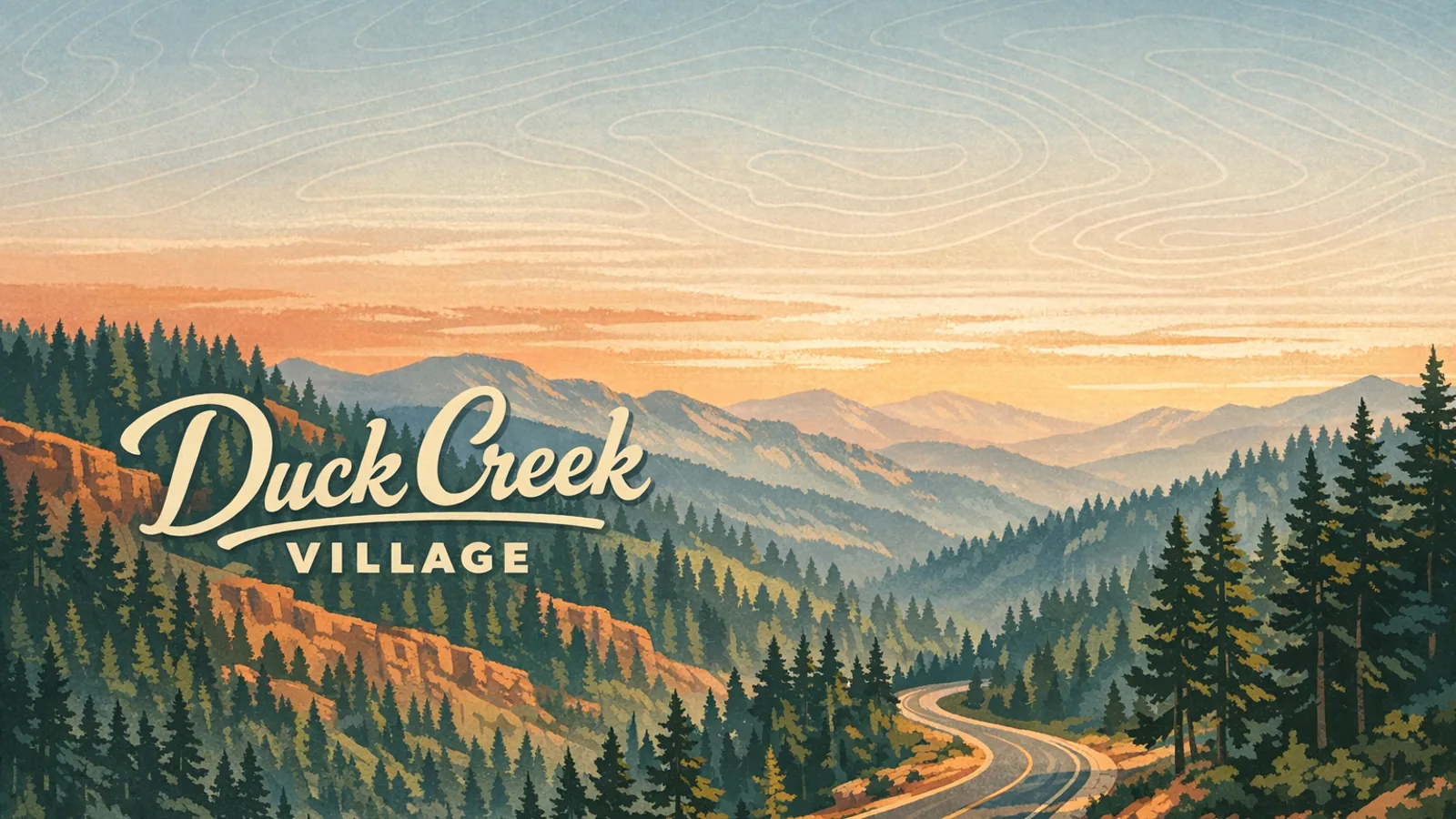 Affiche de voyage en montagne stylisee avec des cretes de pins superposees, une route sinueuse en haute montagne et le texte Duck Creek Village