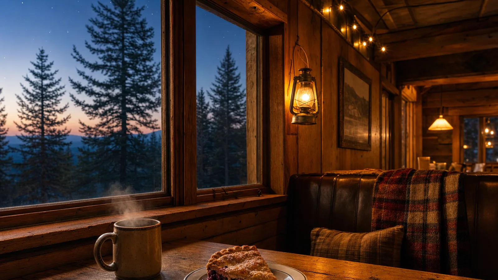 Warm rustiek bankje in een bergrestaurant bij schemering met een stuk taart en een mok koffie op een grenen tafel bij het raam