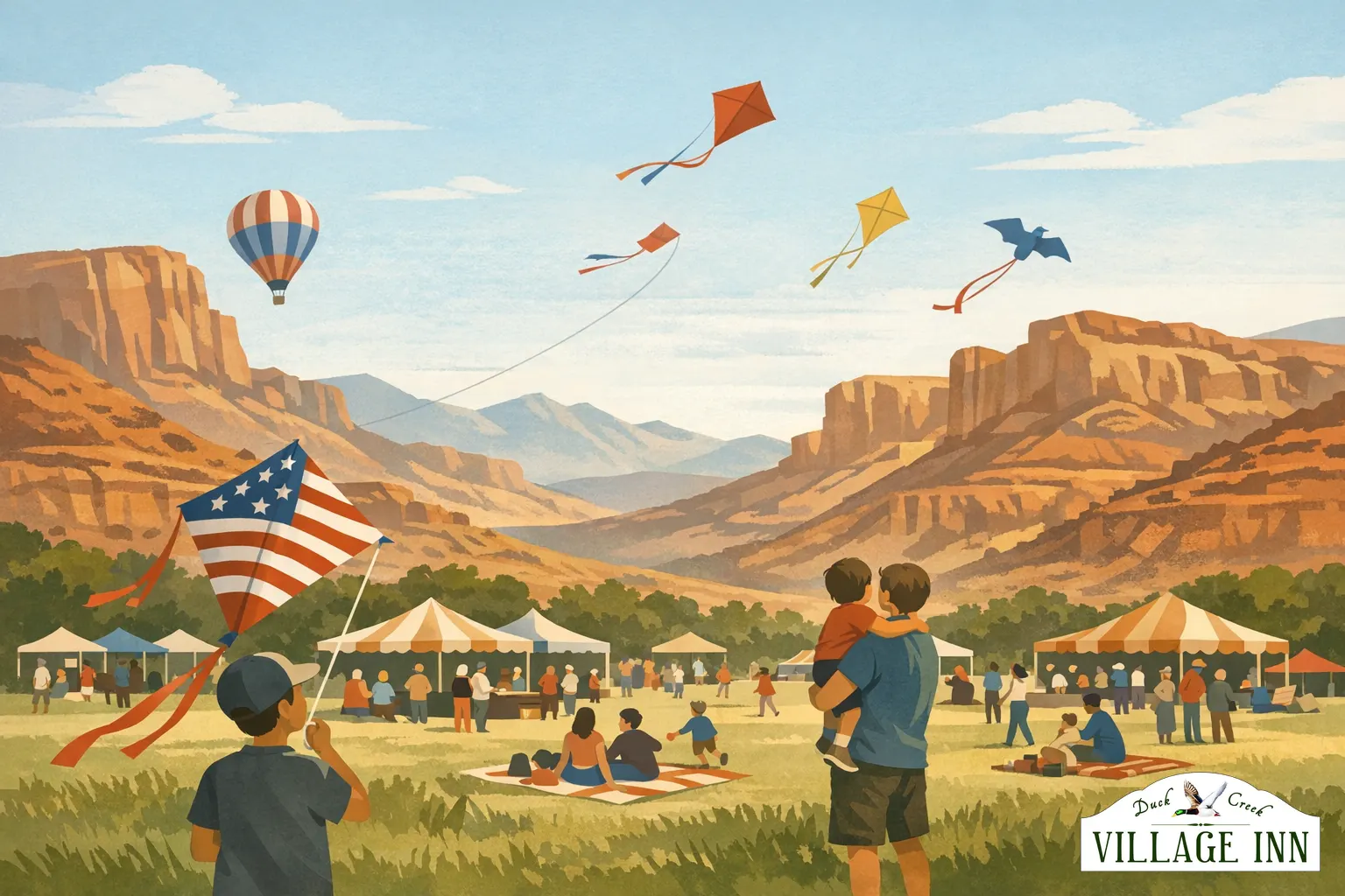 Illustration of colorful kites over a community lawn