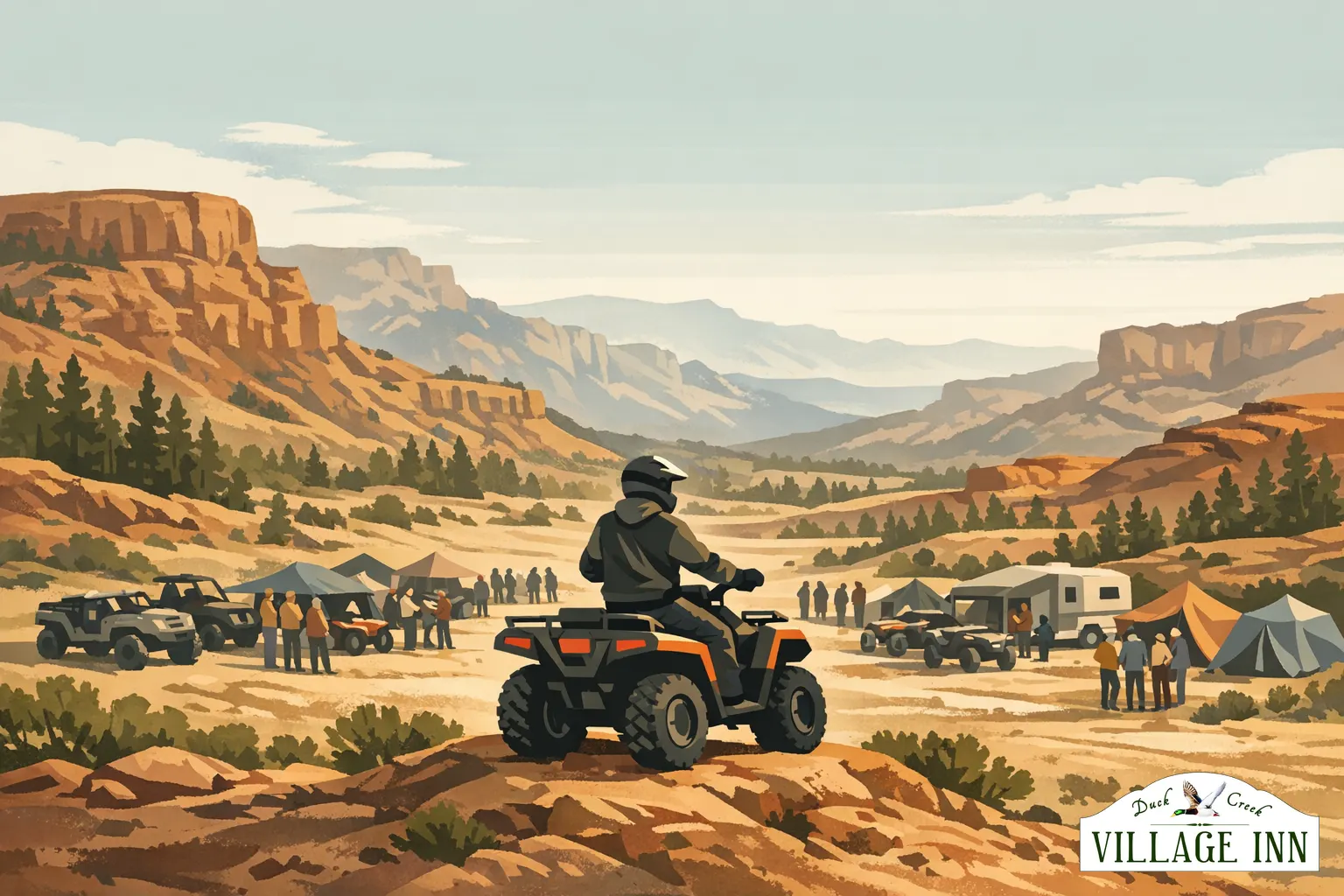 Escena ilustrada del Bryce ATV Rally con conductores y terreno de roca roja