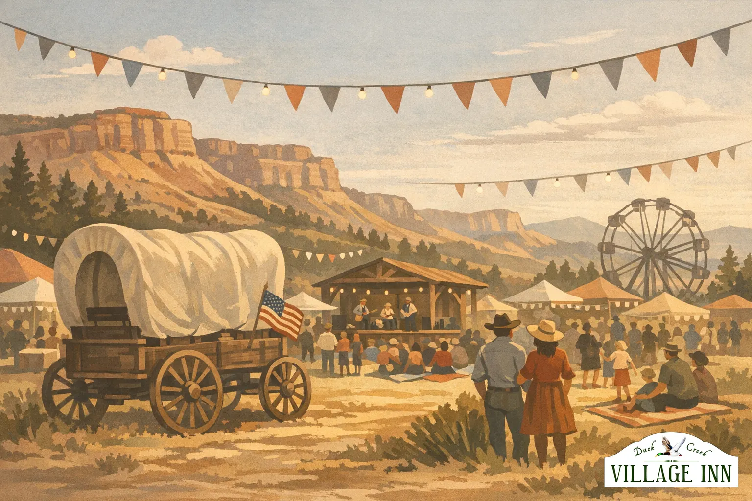 Illustrated Bryce Canyon City Pioneer Day celebration with rodeo and fireworks