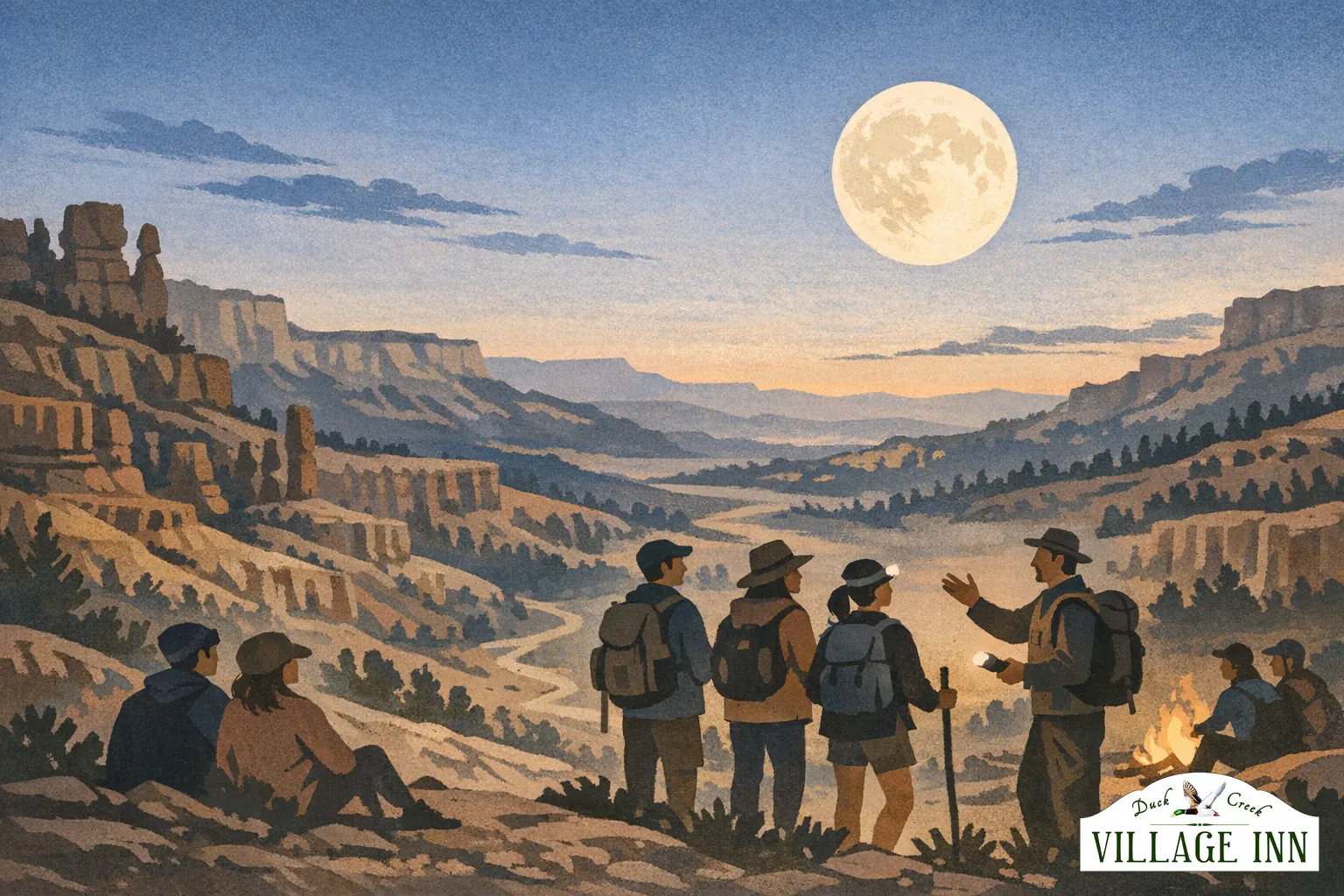 Geïllustreerde Bryce Canyon-hoodoos in maanlicht voor een door een ranger begeleide vollemaanwandeling