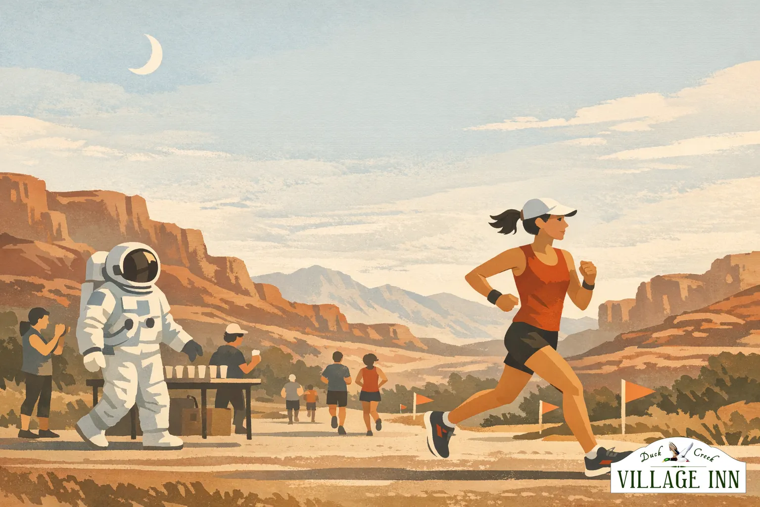 Geillustreerde nachtelijke trailrun in Cedar City met subtiele DCVI-branding