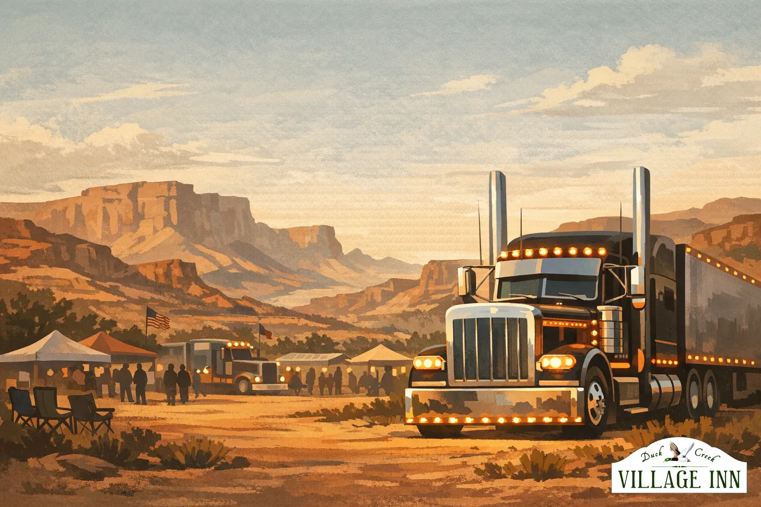 Illustrated Panguitch truck show scene with chrome trucks and evening lights