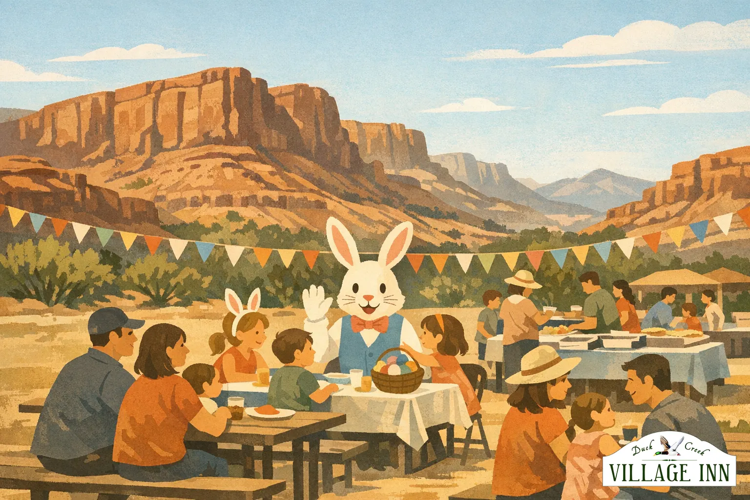 Illustrated Easter-weekend brunch scene for Duck Creek Village with subtle DCVI branding