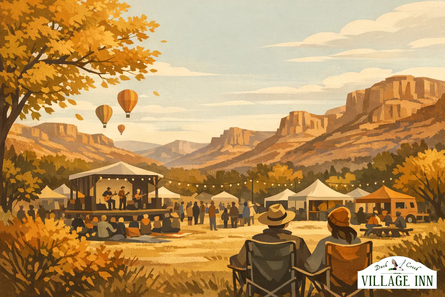 Geillustreerde herfstkleurenfestival-scene in Duck Creek Village met subtiele DCVI-branding