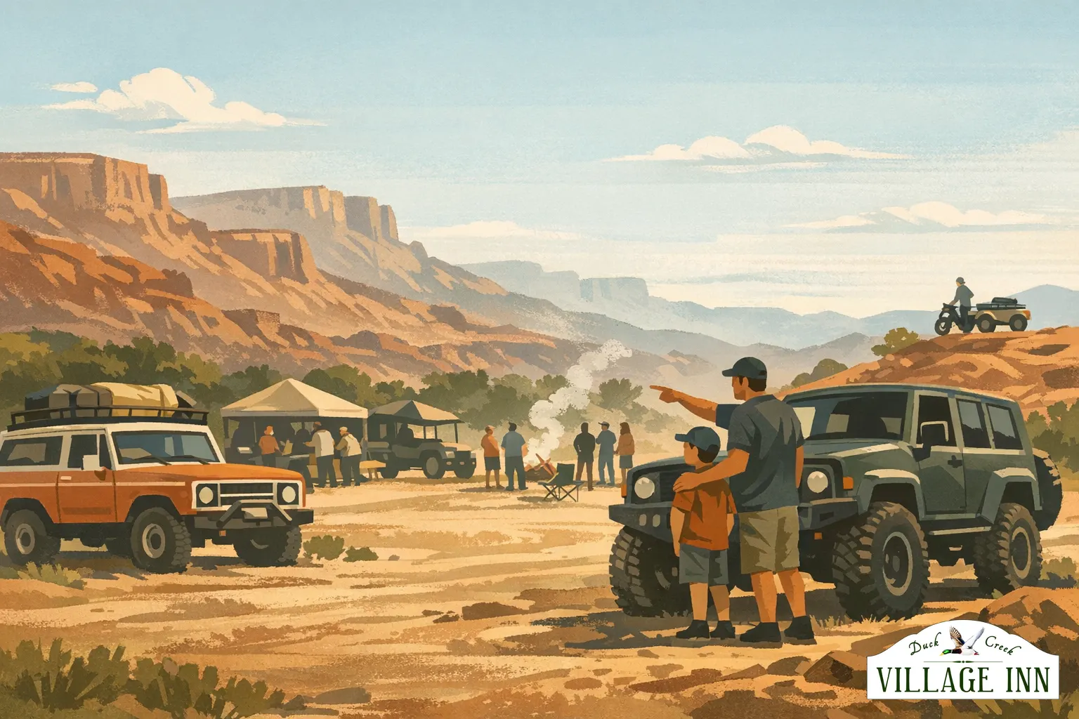 Geillustreerde off-road community-scene in Duck Creek Village met subtiele DCVI-branding