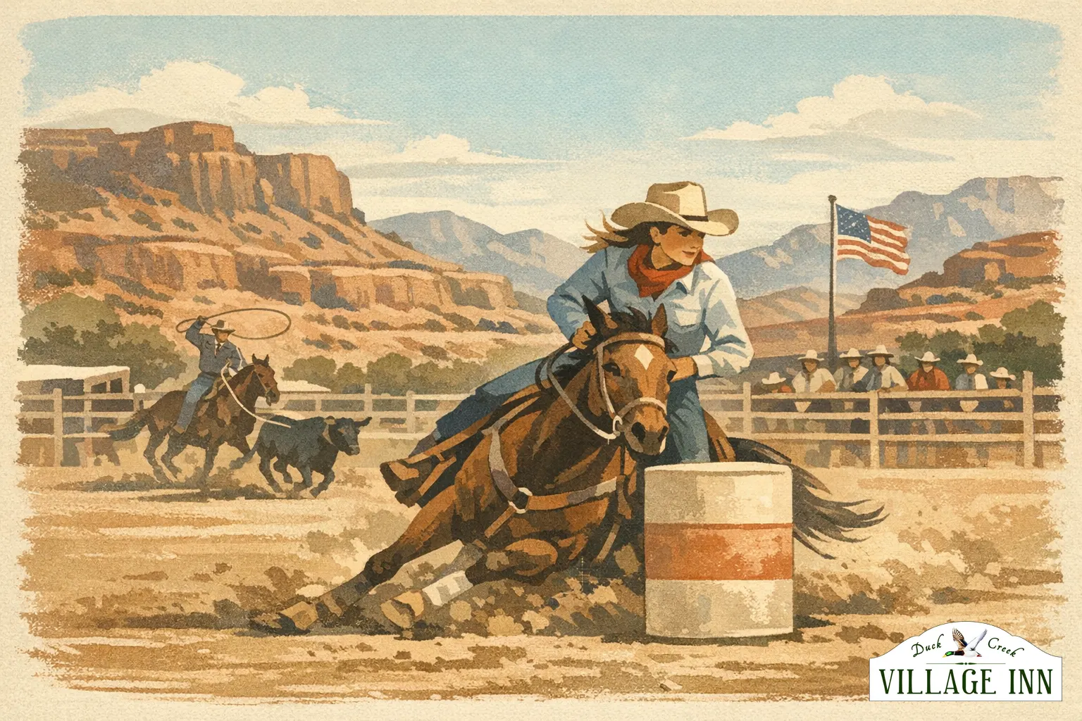 Geillustreerde rodeoscene voor Cedar City met subtiele DCVI-branding