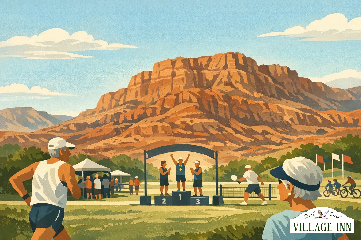 Illustrated senior sports competition scene with subtle DCVI branding