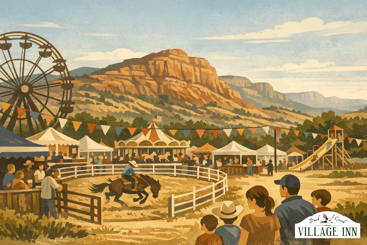 Geillustreerde county-fairscene in Parowan met subtiele DCVI-branding