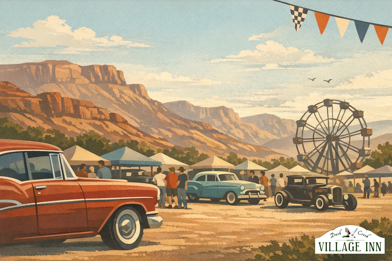 Geillustreerde downtown-autoshow in Cedar City met subtiele DCVI-branding