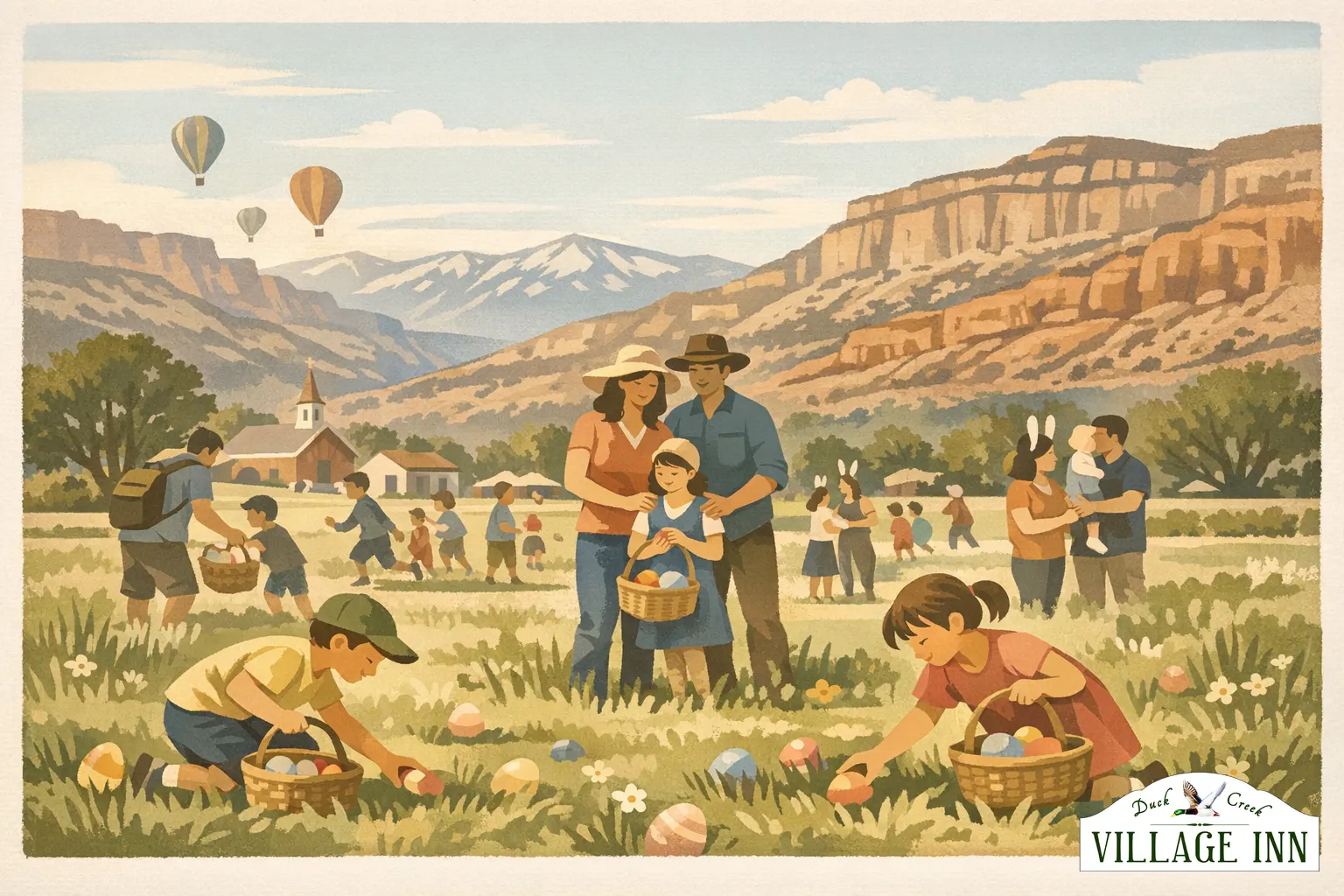 Illustrated spring Easter egg hunt scene in Panguitch with subtle DCVI branding
