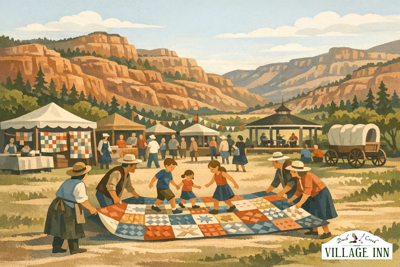 Escena ilustrada del Panguitch Quilt Walk Festival con quilts, clases y detalles históricos de pueblo pequeño