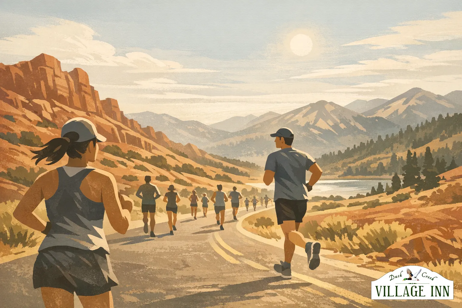 Geillustreerde halve marathon-scene in Parowan met subtiele DCVI-branding