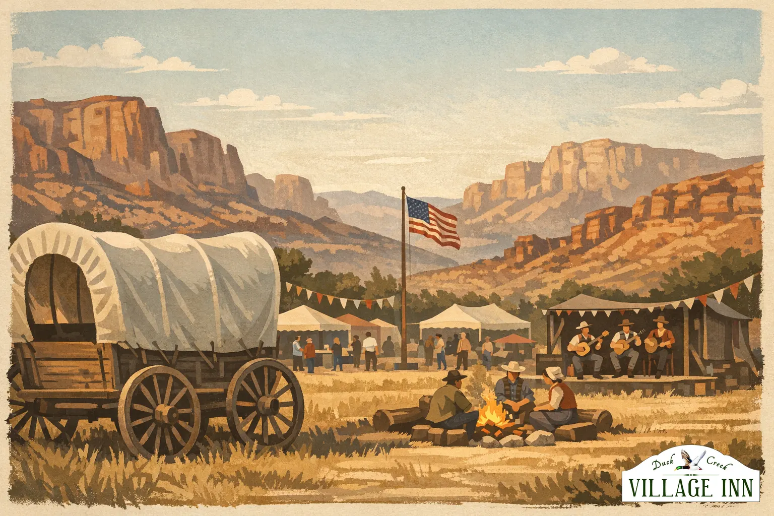 Geillustreerde Pioneer Day-scene voor Cedar City met subtiele DCVI-branding