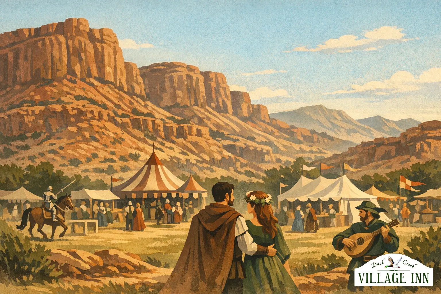 Geillustreerde renaissancefair-sfeer in Cedar City met subtiele DCVI-branding